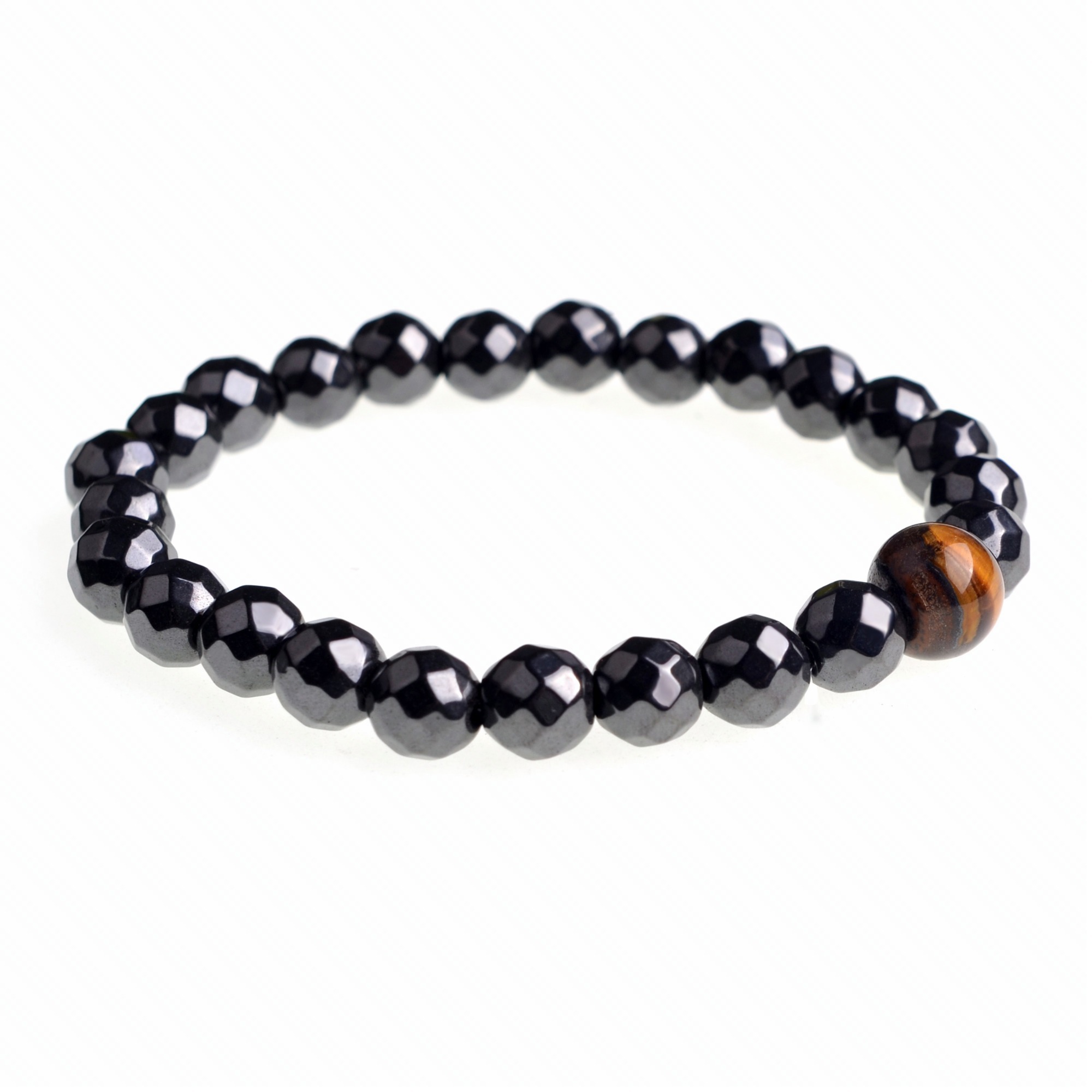 10mm Tiger Eye and 8mm Magnetic Hematite Faceted Black Beads Gem Stretch Therapy Bracelet