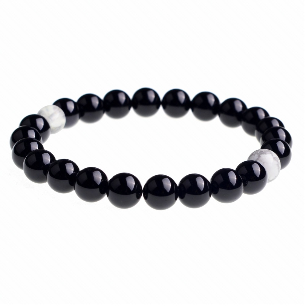 Handmade Gem Unisex Howlite and Black Onyx Beads Stretch Bracelets