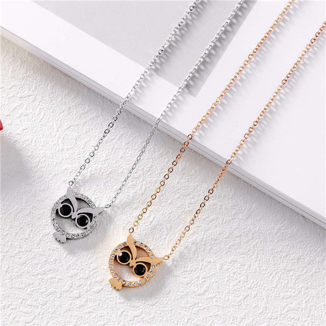 Women Owl Fox Butterfly Pendant Choker Necklace Stainless Steel CZ Crystal Charms Love Animal Jewelry for girls in Gift Box