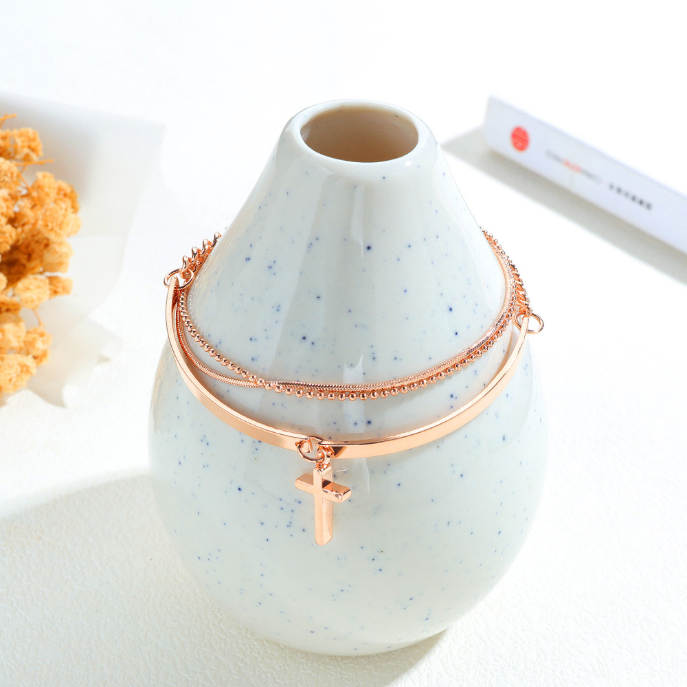 Women Cross Charms Bracelets Goodluck Multi Layer Copper 18K Rose Gold Chain Link Adjustable Bangle Anklet Jewelry for girls