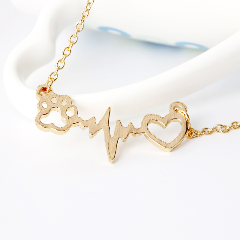 Cute Dog Cat Bear's Paw Print Heart Pendant Wave line Electrocardiogram ECG Necklace Silver/Gold