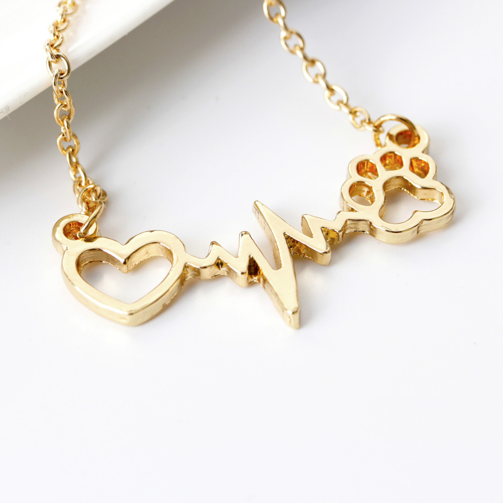Cute Dog Cat Bear's Paw Print Heart Pendant Wave line Electrocardiogram ECG Necklace Silver/Gold