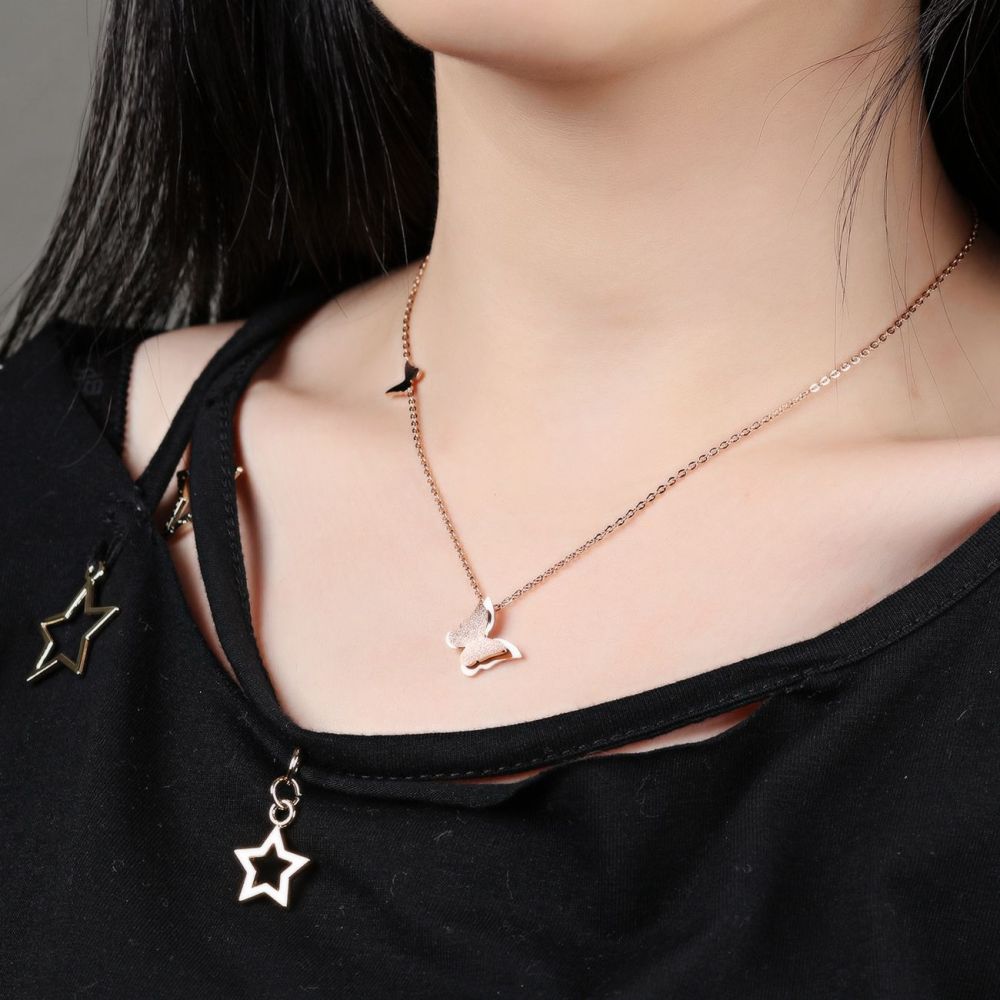 Butterfly Necklace Pendant Titanium Stainless Steel 18K Rose Gold Plated For Girls Women