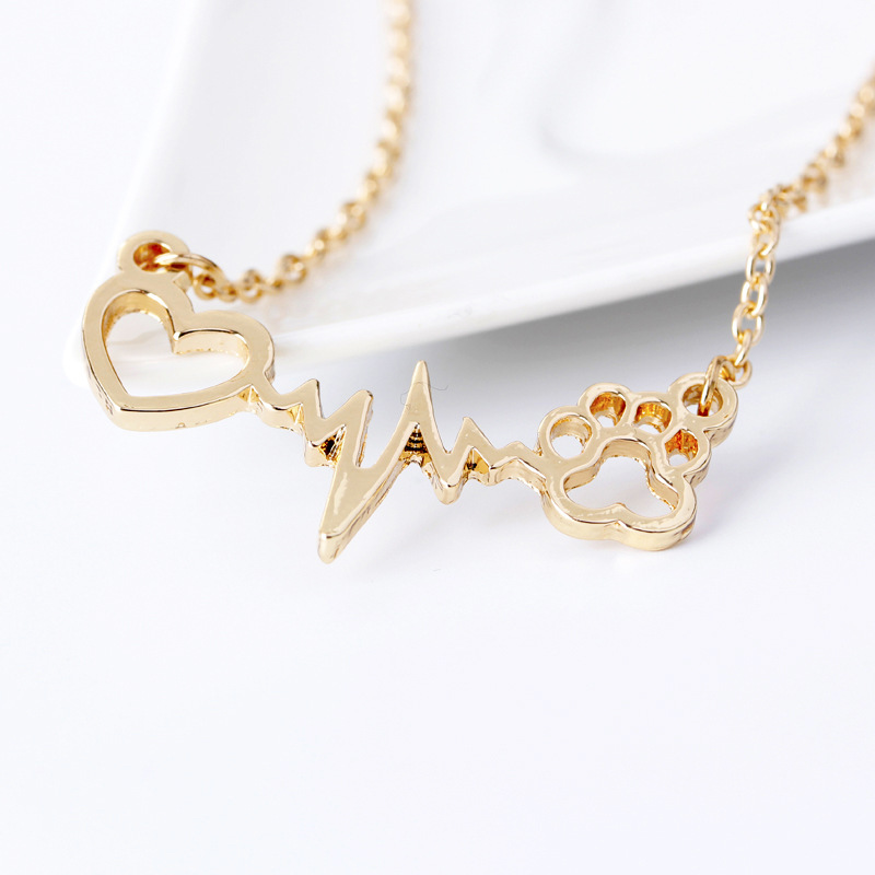 Cute Dog Cat Bear's Paw Print Heart Pendant Wave line Electrocardiogram ECG Necklace Silver/Gold