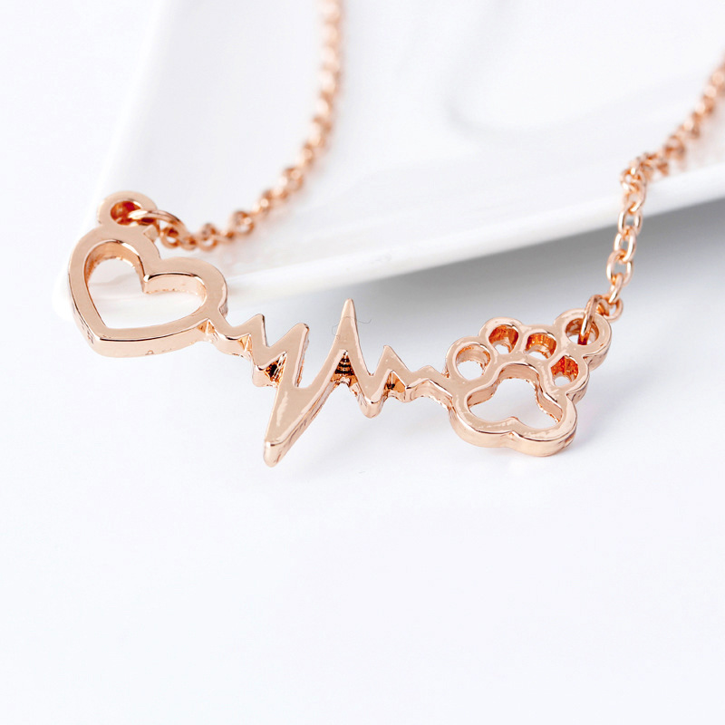 Cute Dog Cat Bear's Paw Print Heart Pendant Wave line Electrocardiogram ECG Necklace Silver/Gold