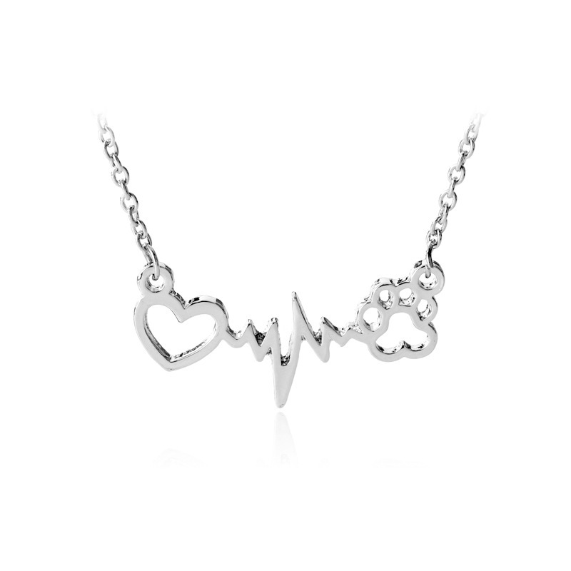 Cute Dog Cat Bear's Paw Print Heart Pendant Wave line Electrocardiogram ECG Necklace Silver/Gold