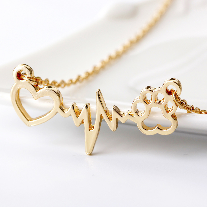 Cute Dog Cat Bear's Paw Print Heart Pendant Wave line Electrocardiogram ECG Necklace Silver/Gold