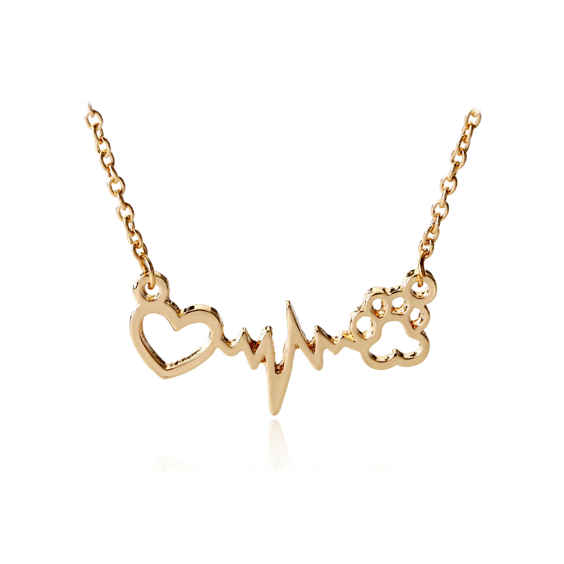 Cute Dog Cat Bear's Paw Print Heart Pendant Wave line Electrocardiogram ECG Necklace Silver/Gold