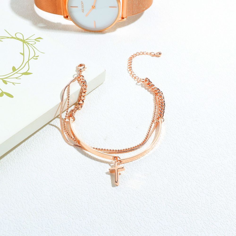 Women Cross Charms Bracelets Goodluck Multi Layer Copper 18K Rose Gold Chain Link Adjustable Bangle Anklet Jewelry for girls