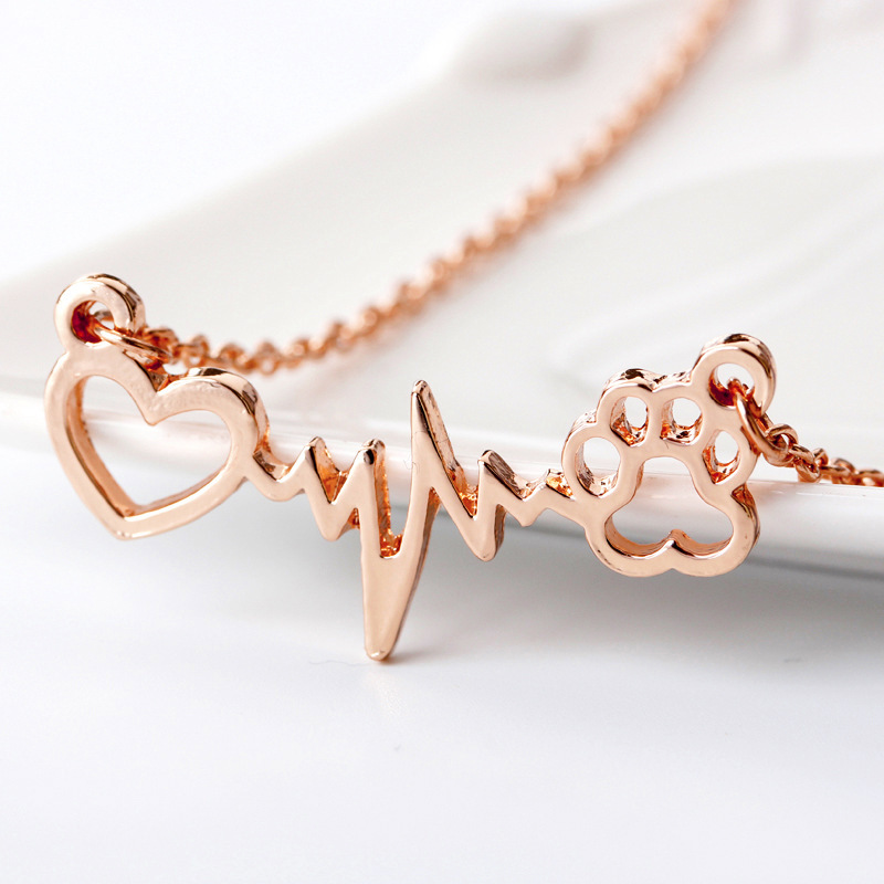 Cute Dog Cat Bear's Paw Print Heart Pendant Wave line Electrocardiogram ECG Necklace Silver/Gold