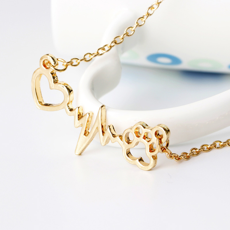 Cute Dog Cat Bear's Paw Print Heart Pendant Wave line Electrocardiogram ECG Necklace Silver/Gold