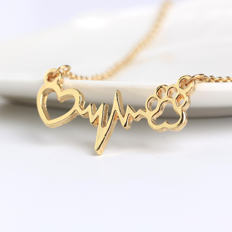 Cute Dog Cat Bear's Paw Print Heart Pendant Wave line Electrocardiogram ECG Necklace Silver/Gold