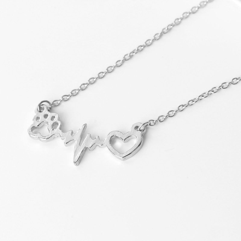 Cute Dog Cat Bear's Paw Print Heart Pendant Wave line Electrocardiogram ECG Necklace Silver/Gold