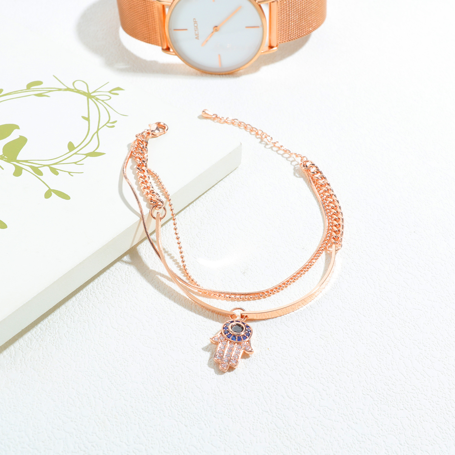 Women Cross Charms Bracelets Goodluck Multi Layer Copper 18K Rose Gold Chain Link Adjustable Bangle Anklet Jewelry for girls
