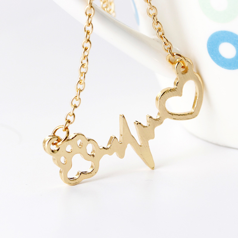 Cute Dog Cat Bear's Paw Print Heart Pendant Wave line Electrocardiogram ECG Necklace Silver/Gold