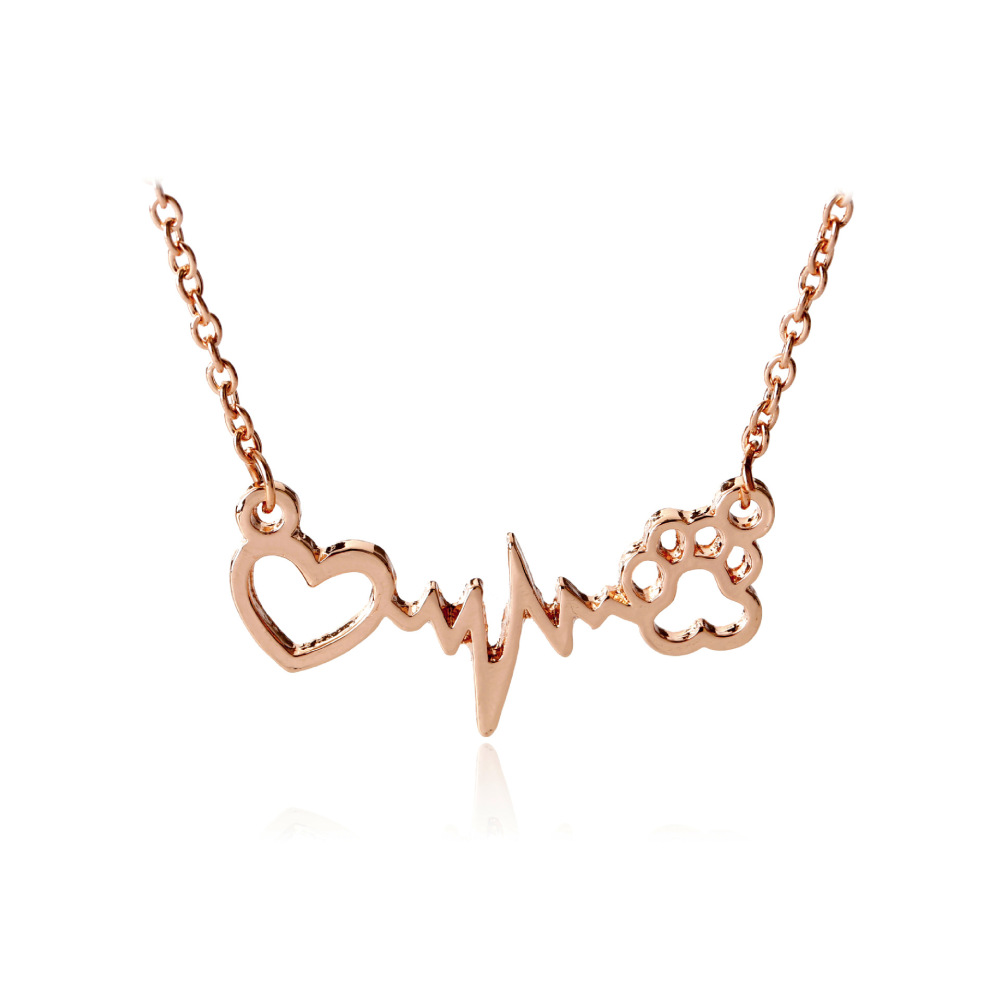 Cute Dog Cat Bear's Paw Print Heart Pendant Wave line Electrocardiogram ECG Necklace Silver/Gold