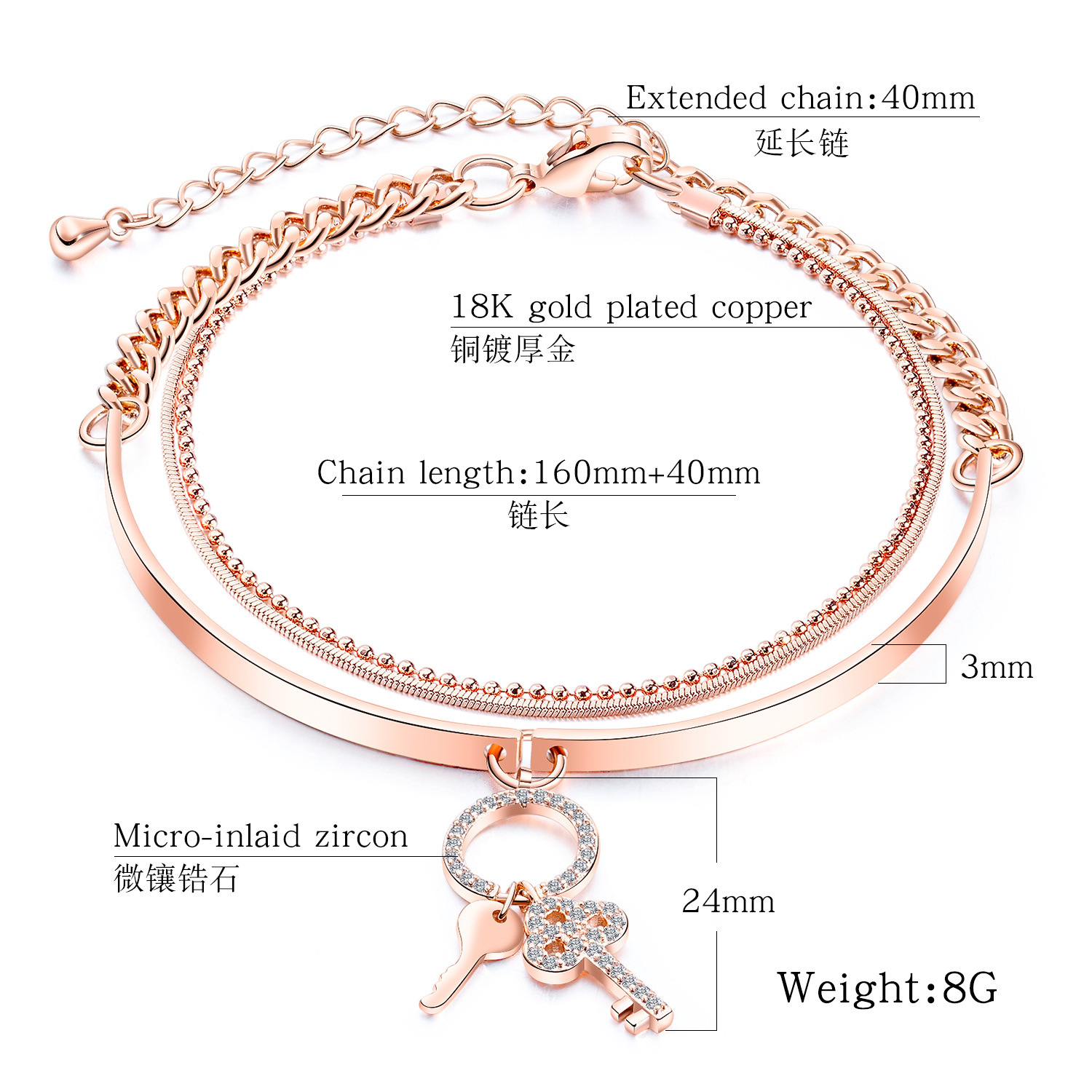 Women Cross Charms Bracelets Goodluck Multi Layer Copper 18K Rose Gold Chain Link Adjustable Bangle Anklet Jewelry for girls