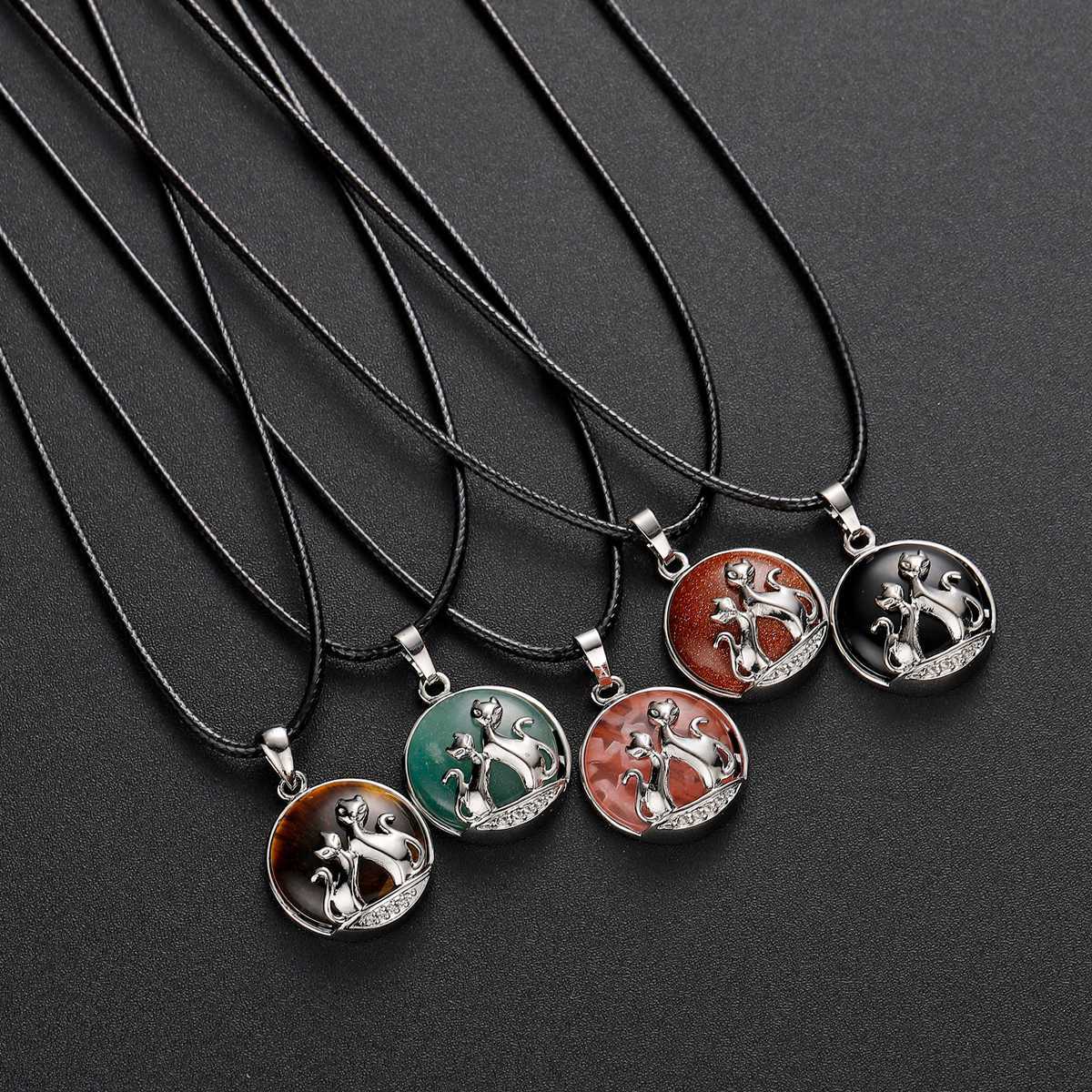 Natural Round Gemstone Chakra Healing Crystal Pendant Couples Silver Cat Jewelry for Womens Girls