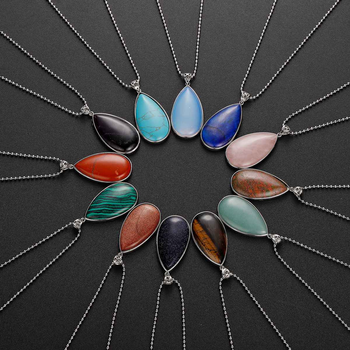 Natural Gemstone Waterdrop Steel Stainess Chakra Charms Pendant for women Men