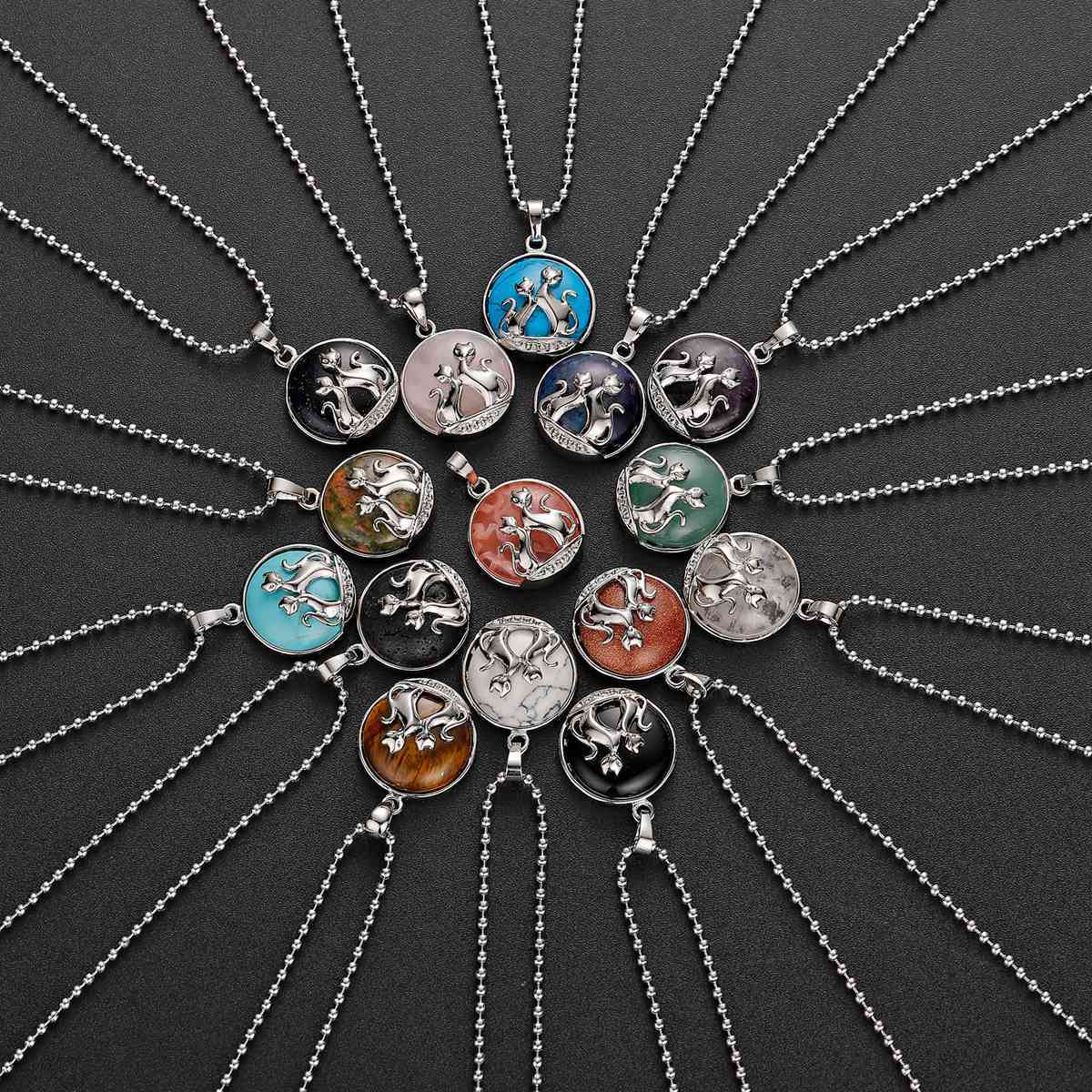 Natural Round Gemstone Chakra Healing Crystal Pendant Couples Silver Cat Jewelry for Womens Girls