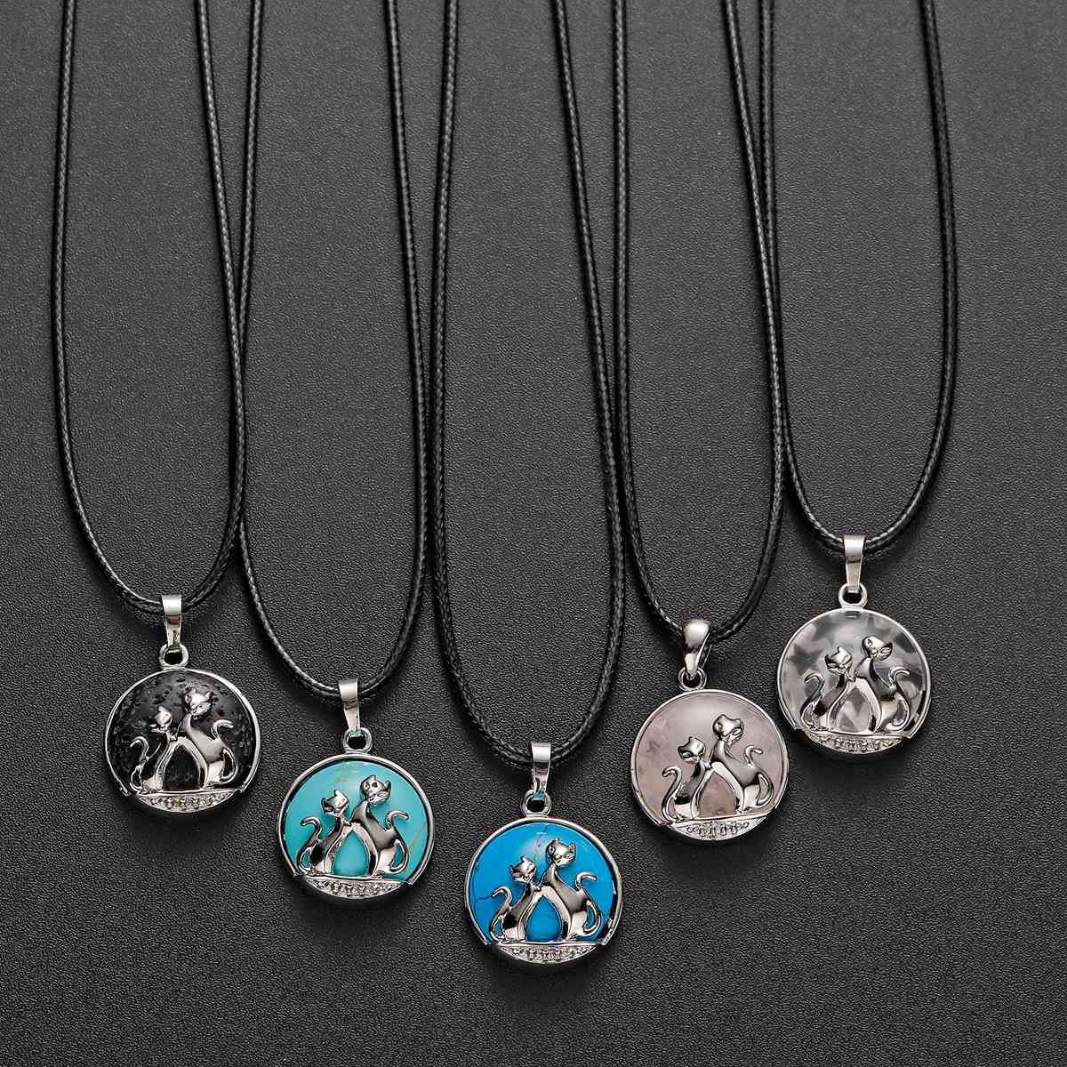 Natural Round Gemstone Chakra Healing Crystal Pendant Couples Silver Cat Jewelry for Womens Girls