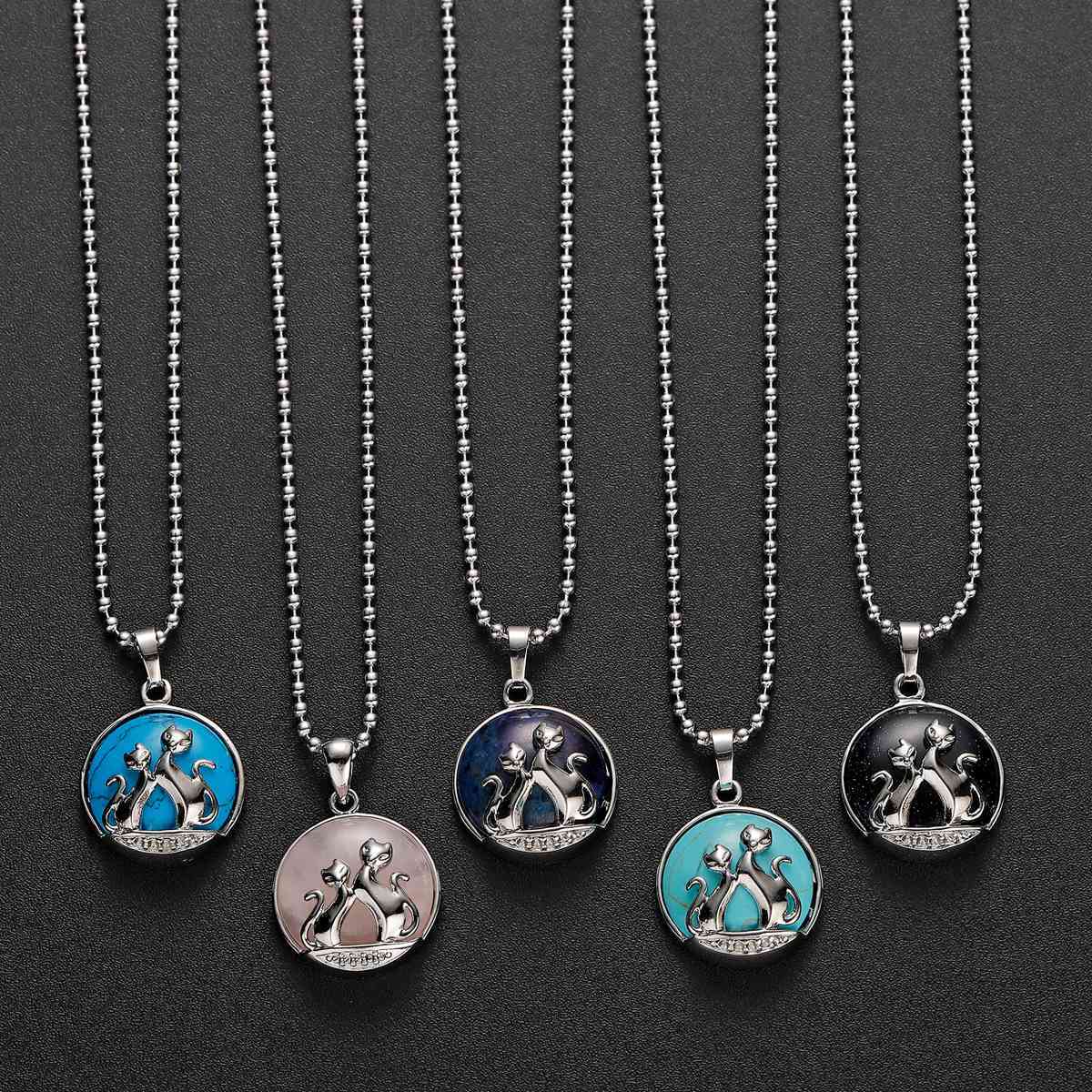 Natural Round Gemstone Chakra Healing Crystal Pendant Couples Silver Cat Jewelry for Womens Girls