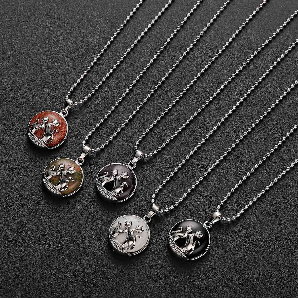 Natural Round Gemstone Chakra Healing Crystal Pendant Couples Silver Cat Jewelry for Womens Girls