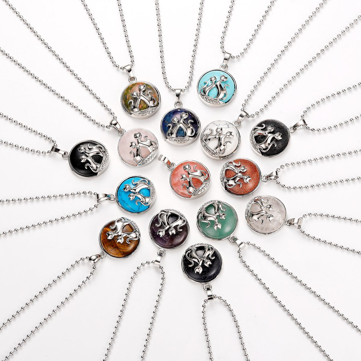 Natural Round Gemstone Chakra Healing Crystal Pendant Couples Silver Cat Jewelry for Womens Girls