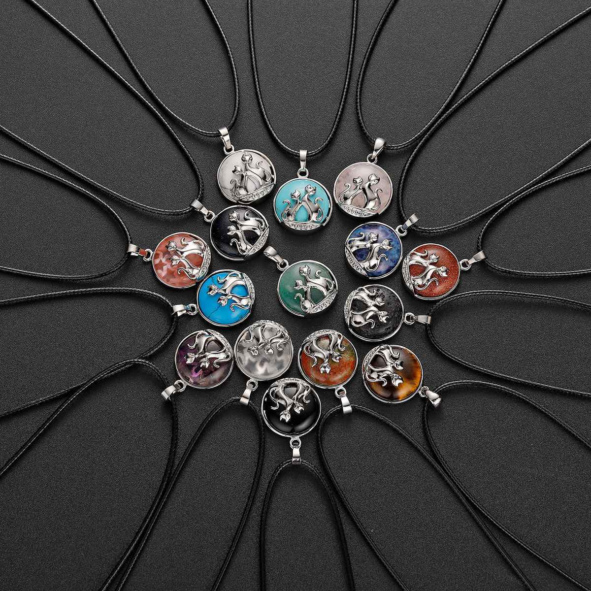 Natural Round Gemstone Chakra Healing Crystal Pendant Couples Silver Cat Jewelry for Womens Girls