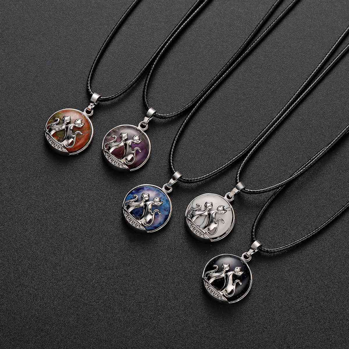 Natural Round Gemstone Chakra Healing Crystal Pendant Couples Silver Cat Jewelry for Womens Girls