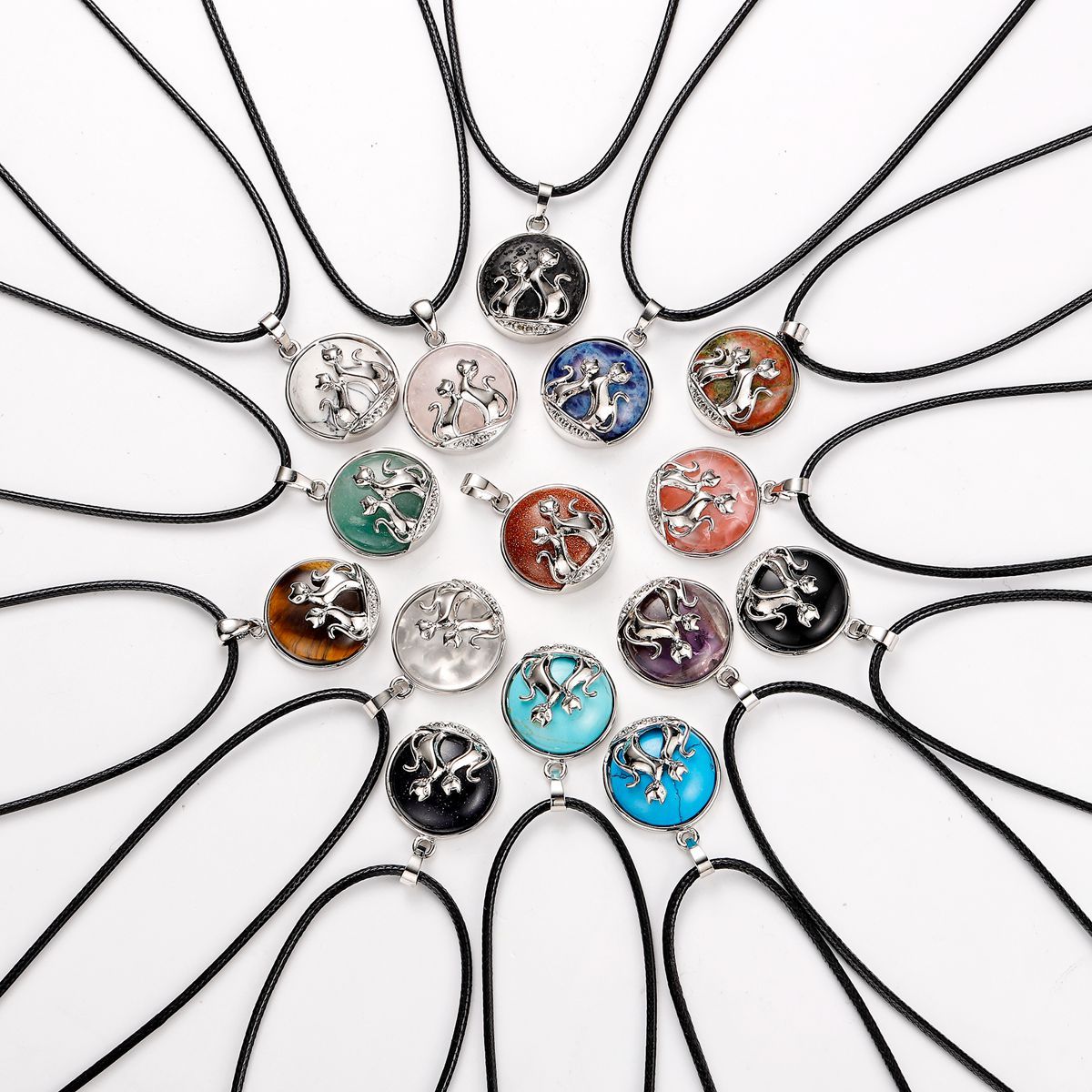 Natural Round Gemstone Chakra Healing Crystal Pendant Couples Silver Cat Jewelry for Womens Girls