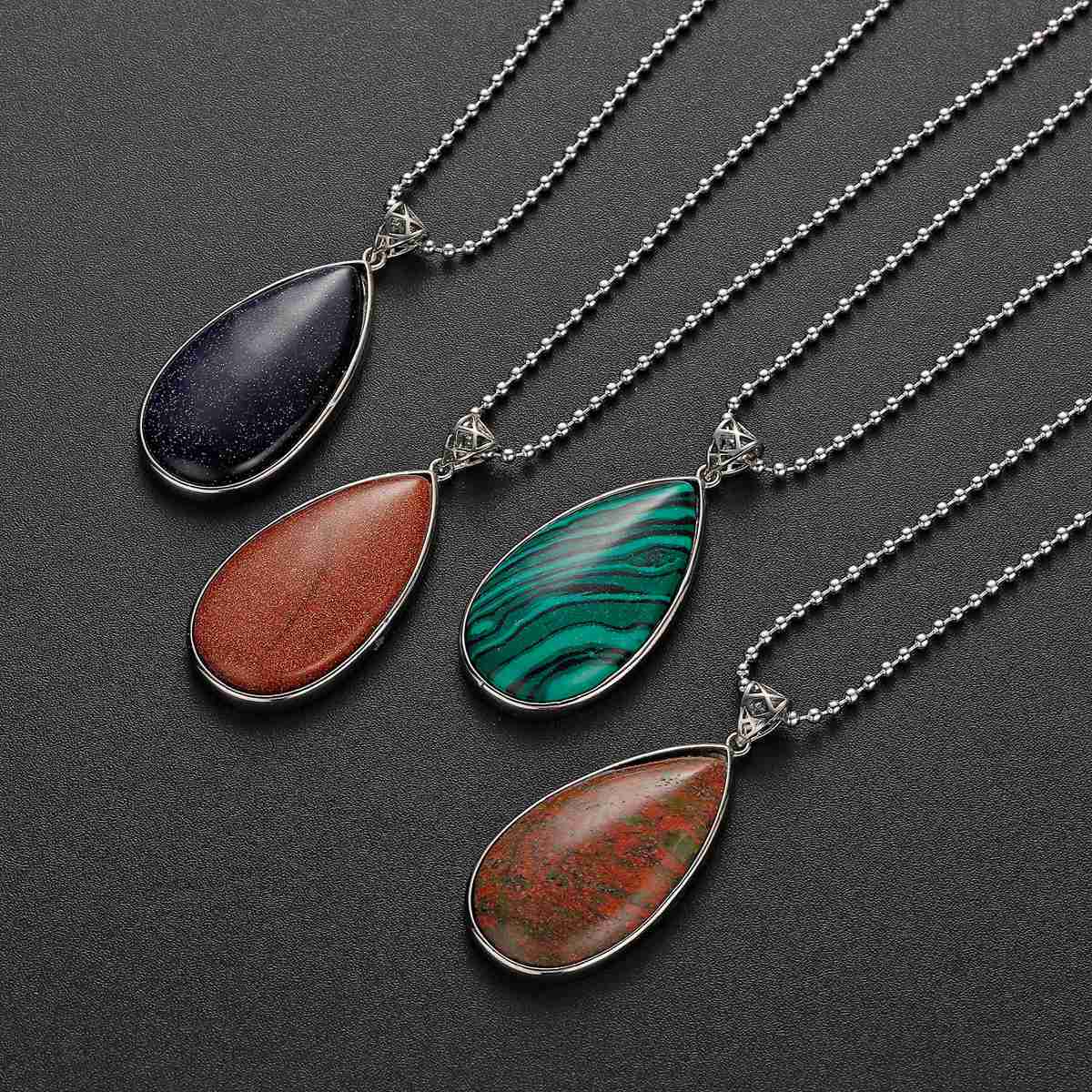 Natural Gemstone Waterdrop Steel Stainess Chakra Charms Pendant for women Men