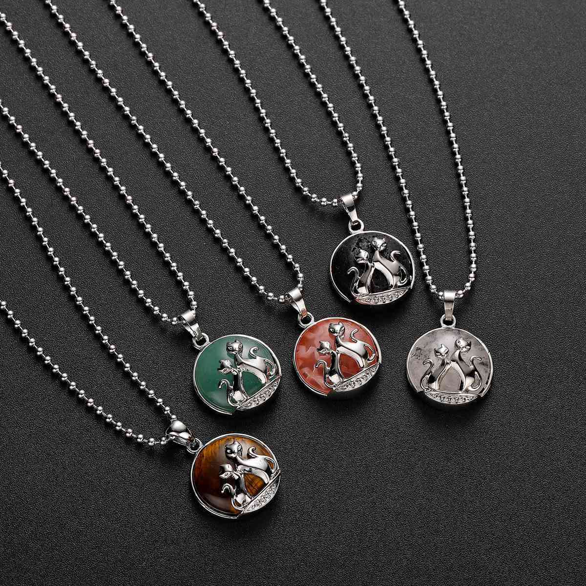 Natural Round Gemstone Chakra Healing Crystal Pendant Couples Silver Cat Jewelry for Womens Girls