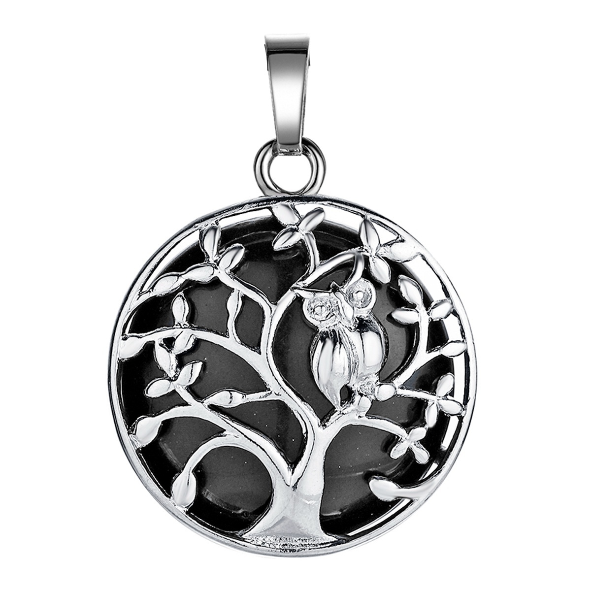 Natural Gemstone Silver Life of tree Owl  Coin Stone Pendant Necklace