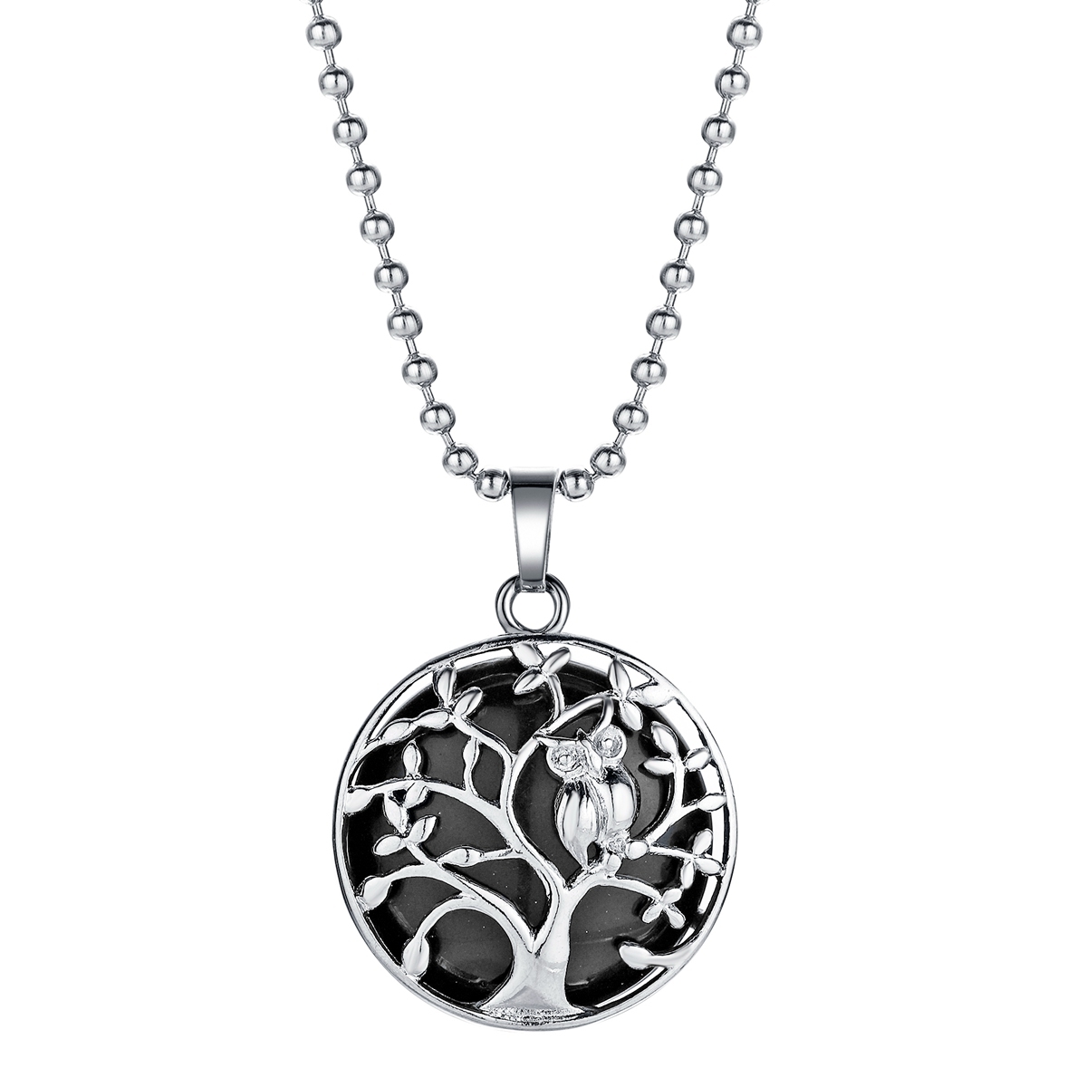 Natural Gemstone Silver Life of tree Owl  Coin Stone Pendant Necklace