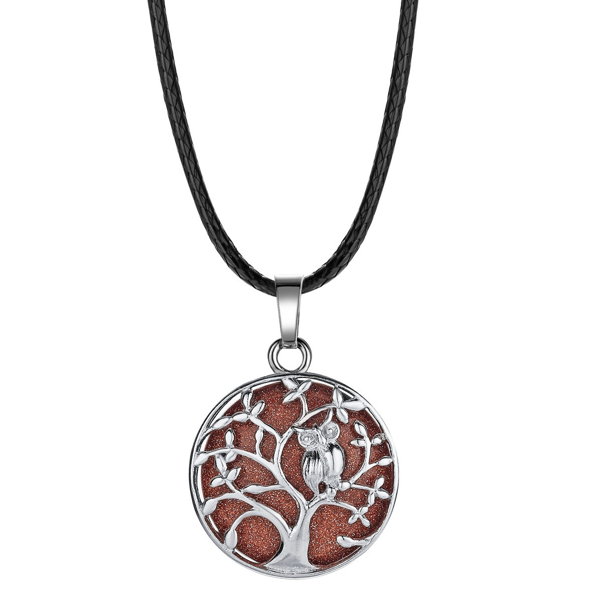 Natural Gemstone Silver Life of tree Owl  Coin Stone Pendant Necklace