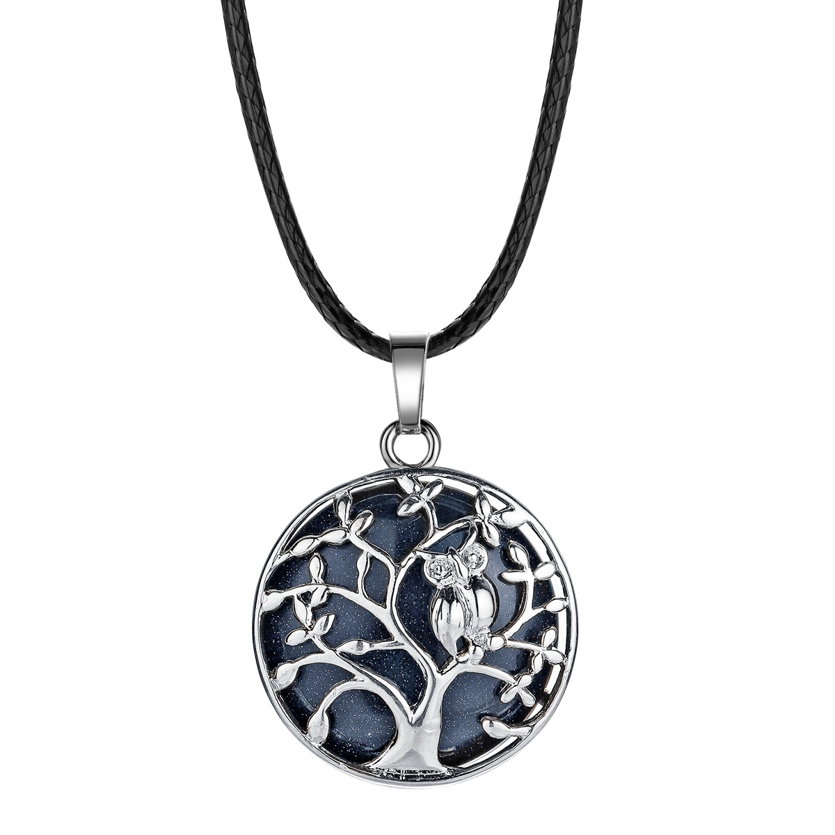 Natural Gemstone Silver Life of tree Owl  Coin Stone Pendant Necklace