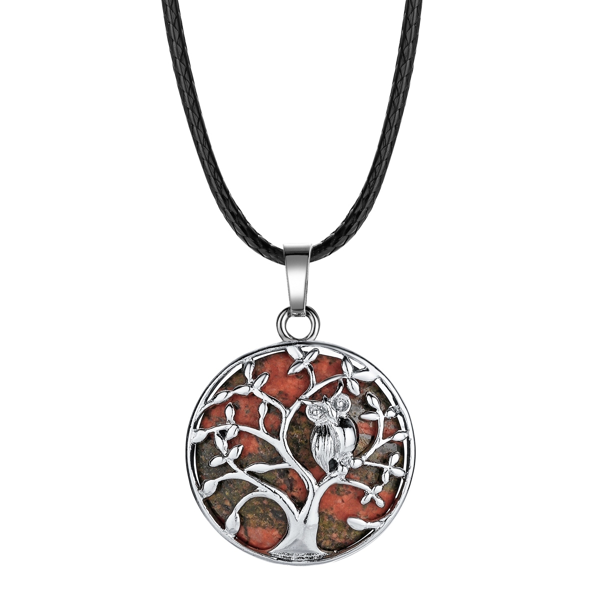 Natural Gemstone Silver Life of tree Owl  Coin Stone Pendant Necklace