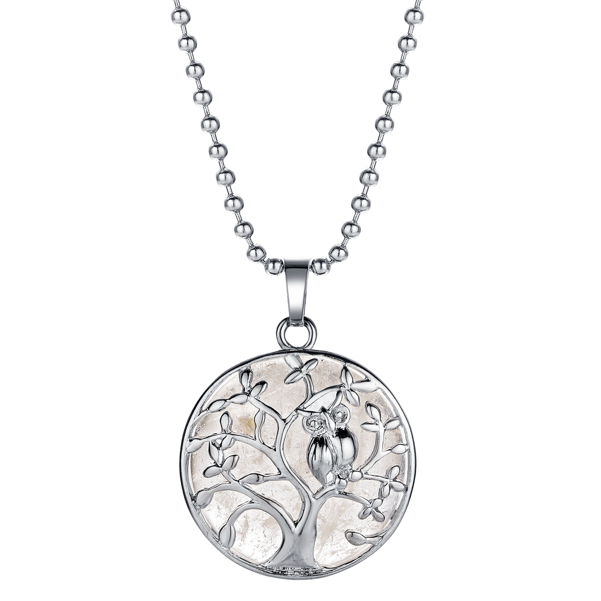 Natural Gemstone Silver Life of tree Owl  Coin Stone Pendant Necklace