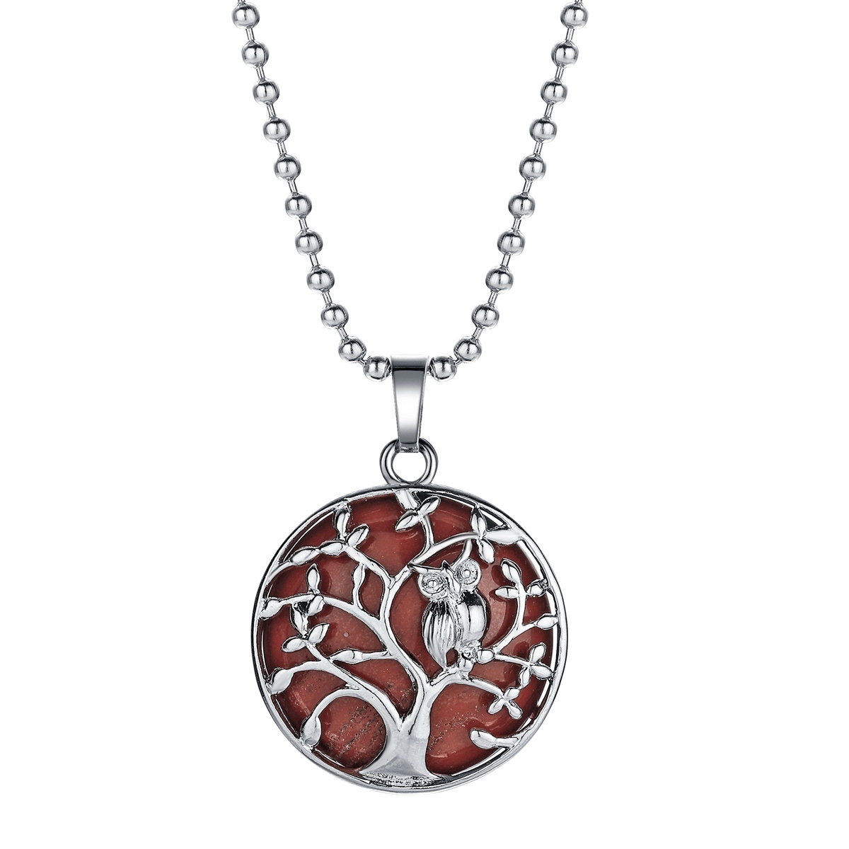 Natural Gemstone Silver Life of tree Owl  Coin Stone Pendant Necklace