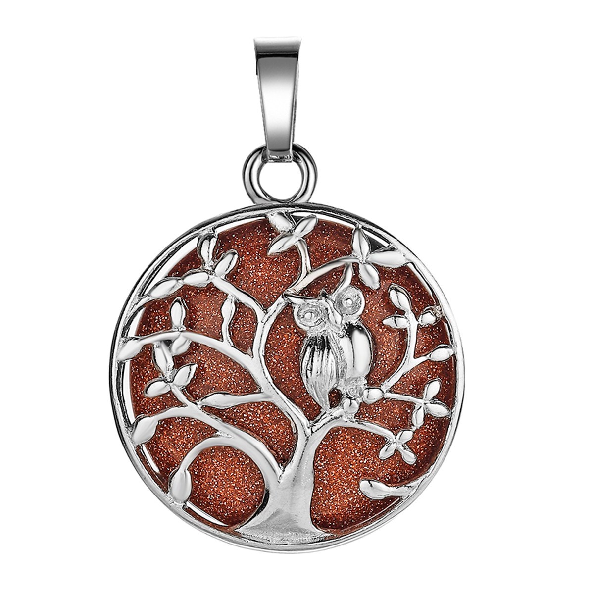 Natural Gemstone Silver Life of tree Owl  Coin Stone Pendant Necklace