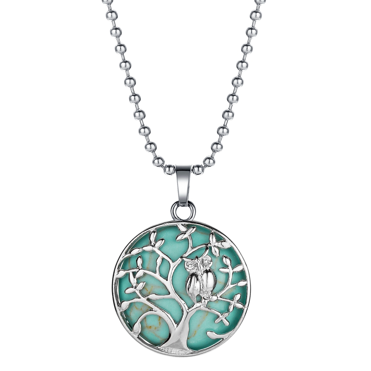 Natural Gemstone Silver Life of tree Owl  Coin Stone Pendant Necklace