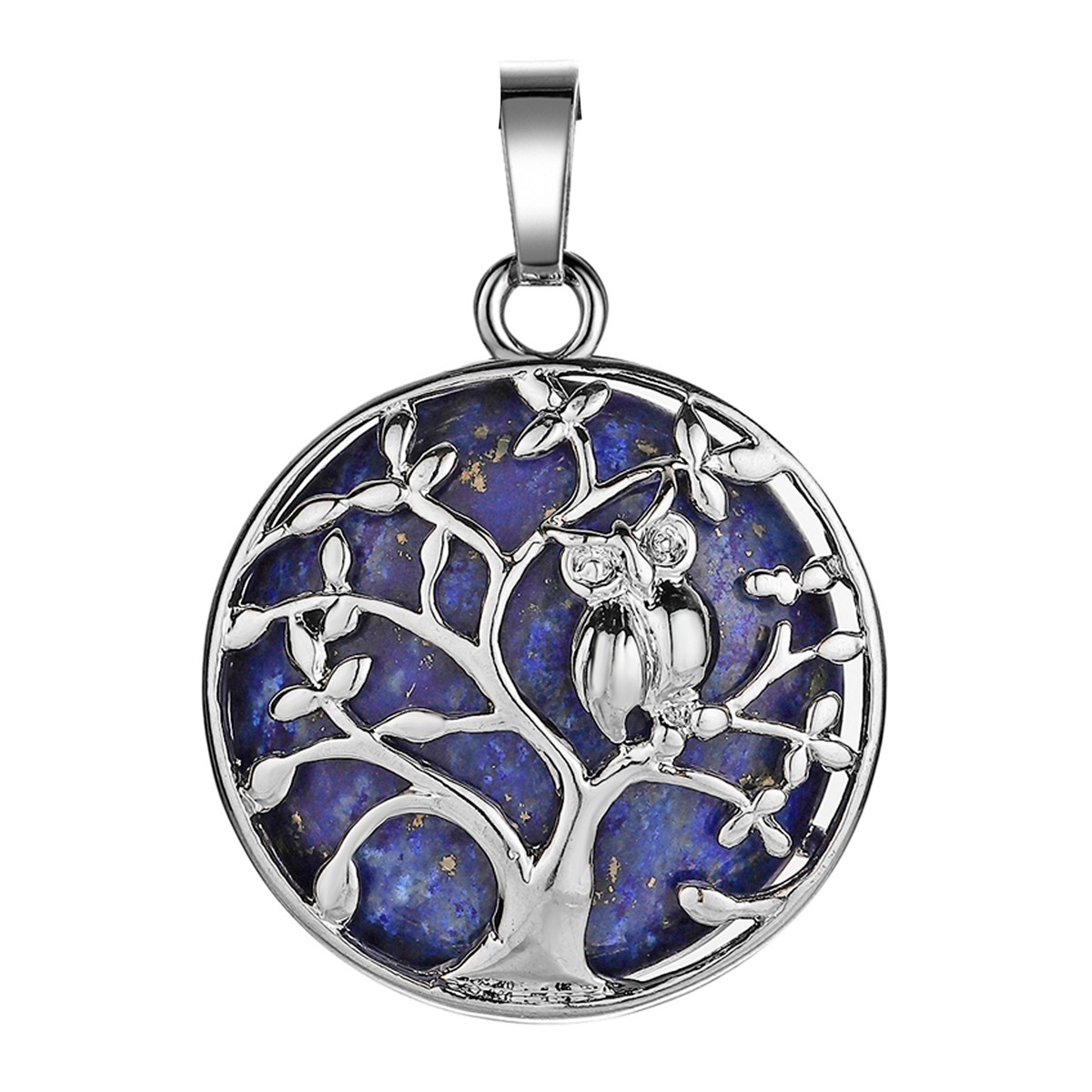 Natural Gemstone Silver Life of tree Owl  Coin Stone Pendant Necklace