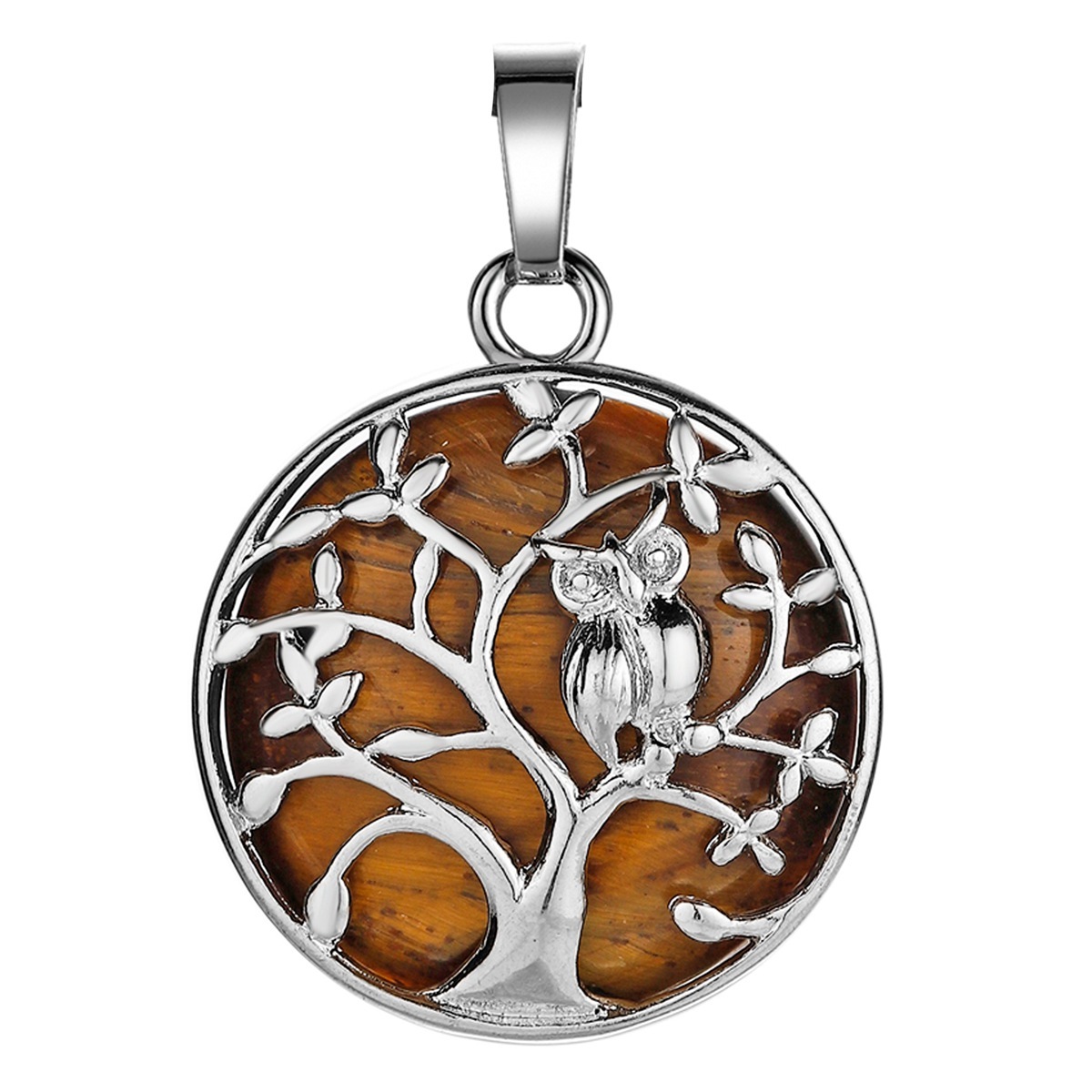 Natural Gemstone Silver Life of tree Owl  Coin Stone Pendant Necklace