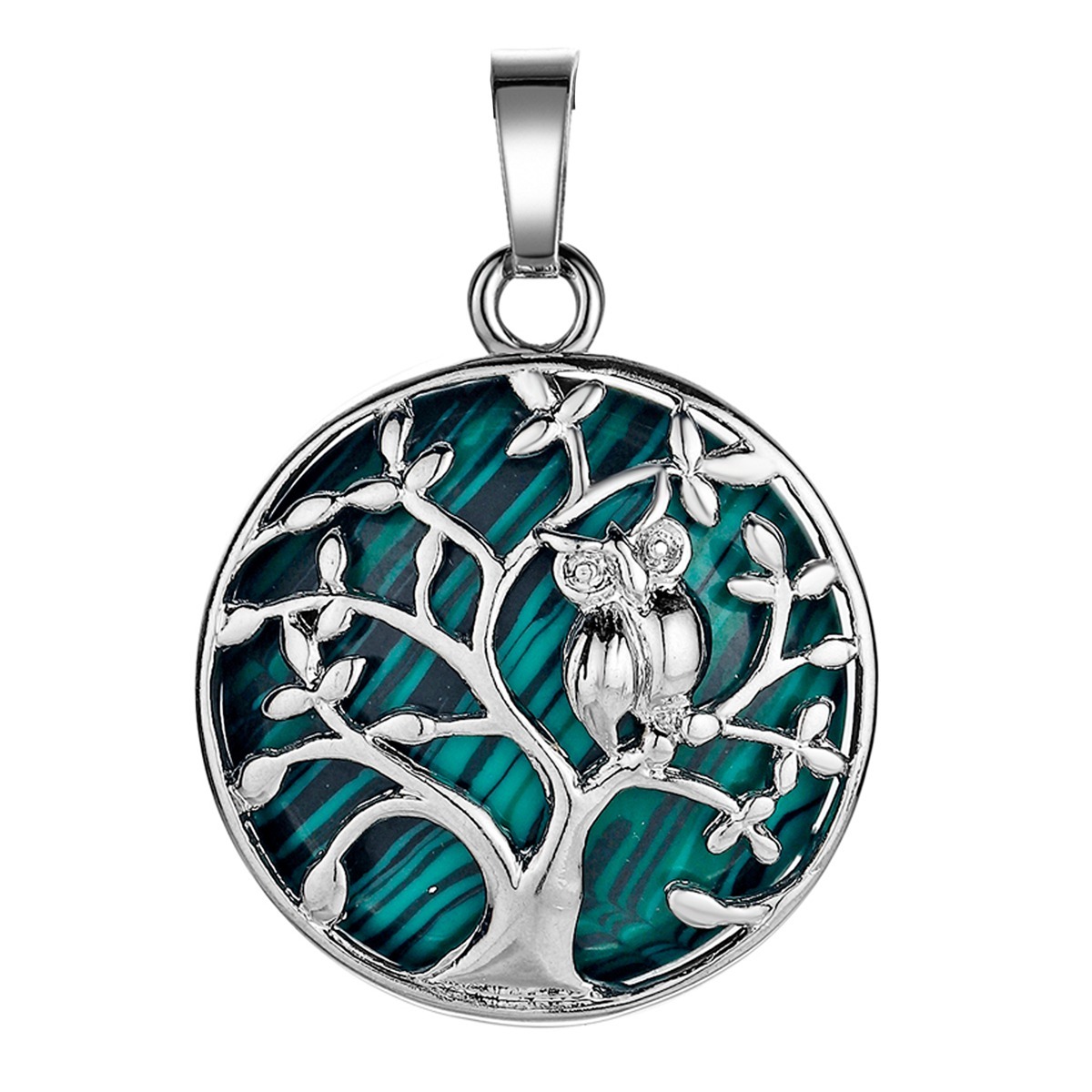 Natural Gemstone Silver Life of tree Owl  Coin Stone Pendant Necklace