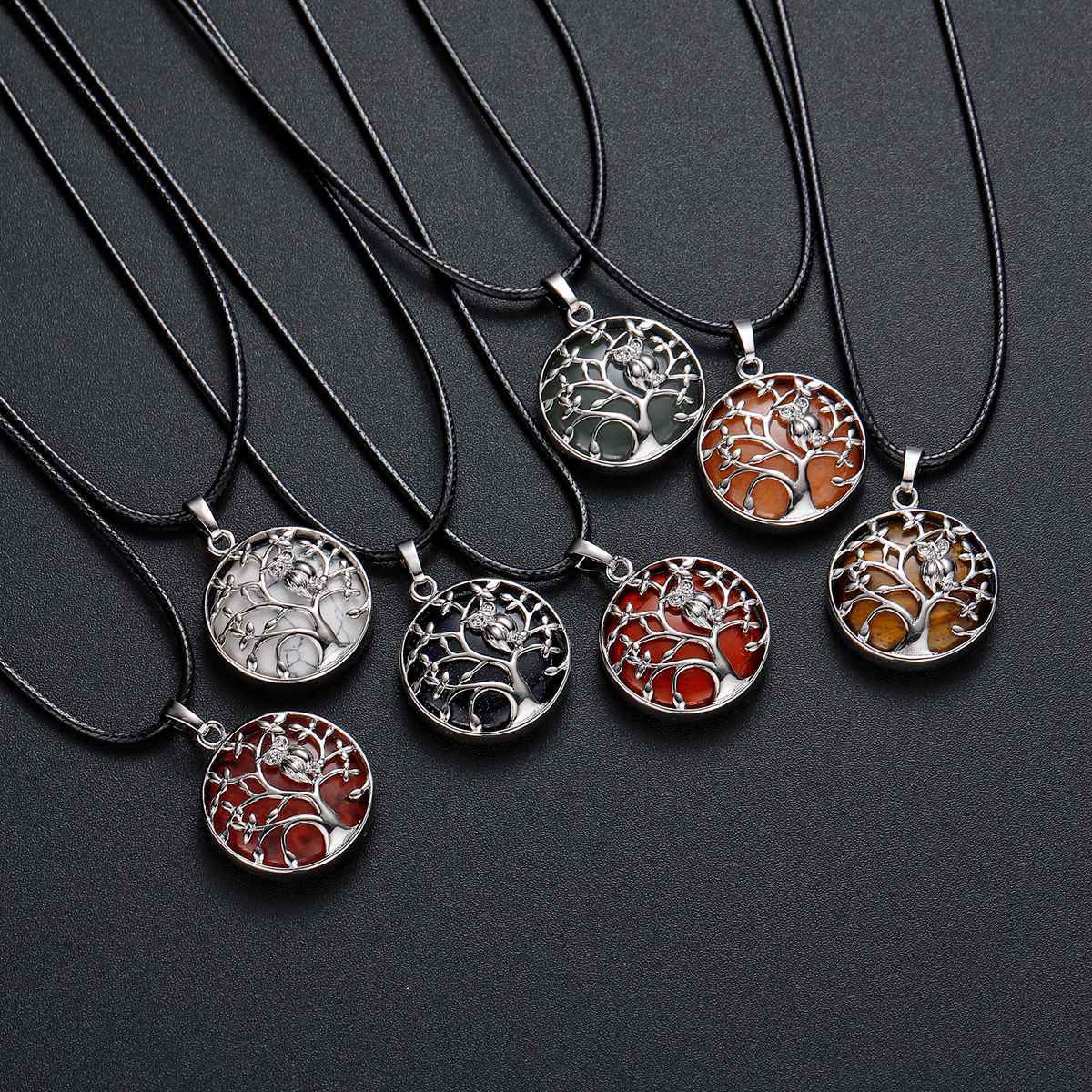 Natural Gemstone Silver Life of tree Owl  Coin Stone Pendant Necklace