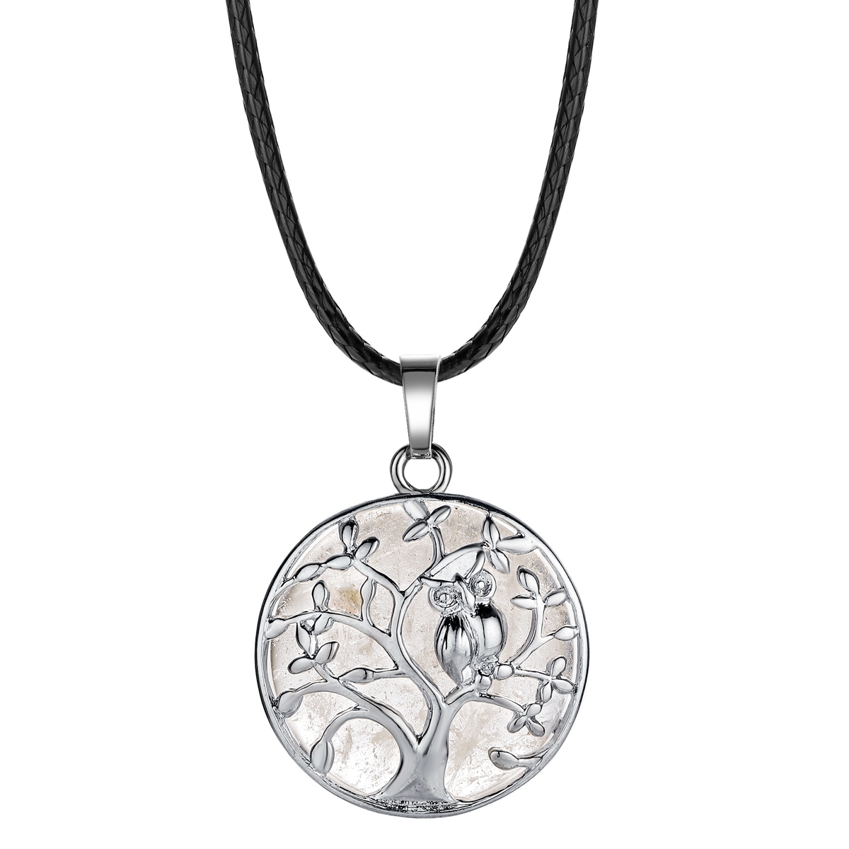 Natural Gemstone Silver Life of tree Owl  Coin Stone Pendant Necklace