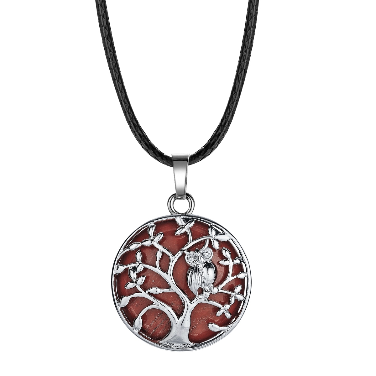 Natural Gemstone Silver Life of tree Owl  Coin Stone Pendant Necklace