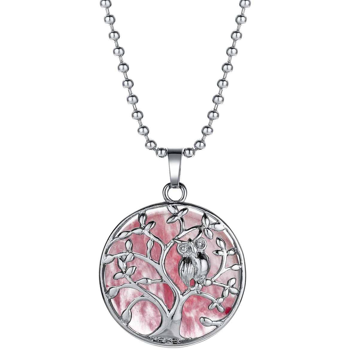 Natural Gemstone Silver Life of tree Owl  Coin Stone Pendant Necklace