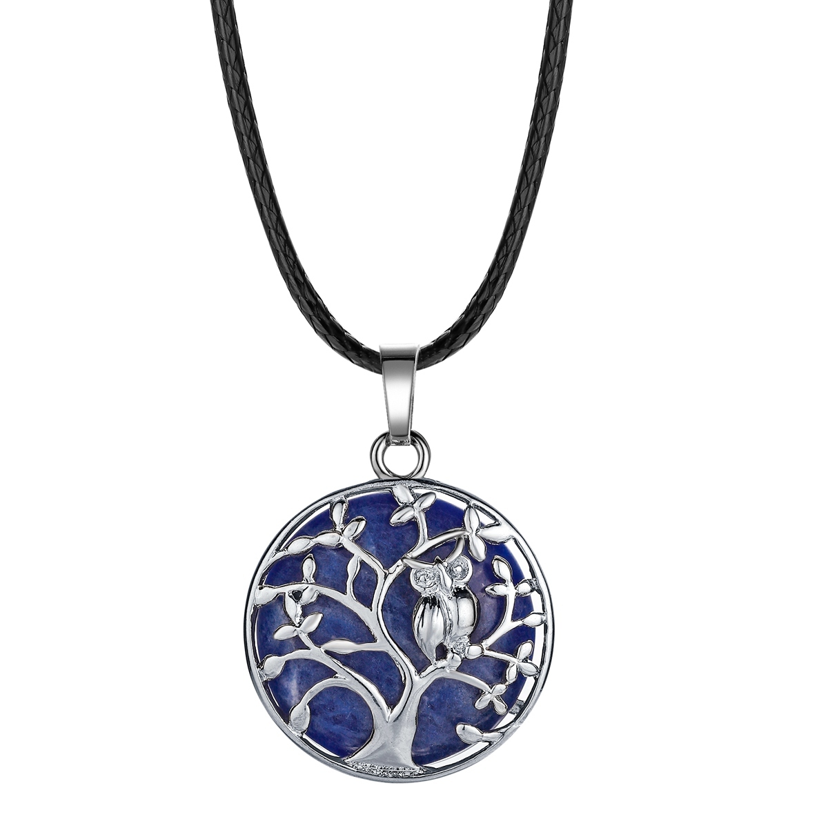 Natural Gemstone Silver Life of tree Owl  Coin Stone Pendant Necklace